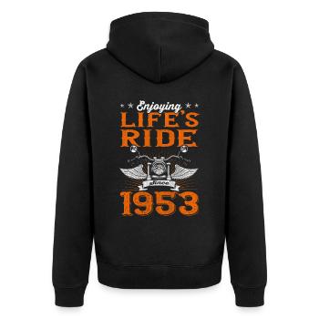 Enjoying Life's Ride Since 1953 Motorcycle 70th - Unisex Premium Bio Zip Hoodie - Schwarz - Hinten - Nico (187cm)