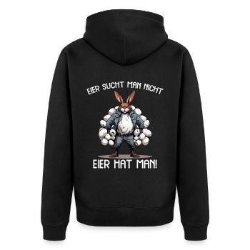 Eier sucht man nicht Eier hat man Hase Ostern - Unisex Premium Bio Zip Hoodie - Schwarz - Hinten - Nico (187cm)