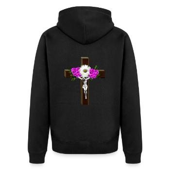 Jesus Kreuz Blumen - Unisex Premium Bio Zip Hoodie - Schwarz - Hinten - Nico (187cm)