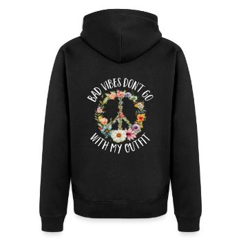 Hippie Peace Zeichen Frieden Blumen Blumenkind - Unisex Premium Bio Zip Hoodie - Schwarz - Hinten - Nico (187cm)