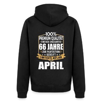 66. Geburtstag April Jahrgang 1957 Vintage - Unisex Premium Bio Zip Hoodie - Schwarz - Hinten - Nico (187cm)