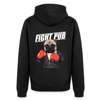 Fight Pub Mops mit Boxhandschuhen - Unisex Premium Bio Zip Hoodie - Schwarz - Hinten - Nico (187cm)
