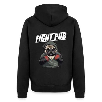 Fight Pub Mops mit Boxhandschuhen - Unisex Premium Bio Zip Hoodie - Schwarz - Hinten - Nico (187cm)