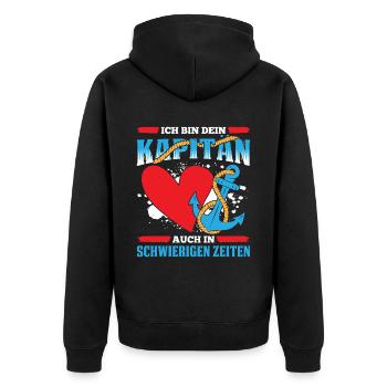 Ich Bin Dein Kapitän Auch In Schwierigen Zeiten - Unisex Premium Bio Zip Hoodie - Schwarz - Hinten - Nico (187cm)