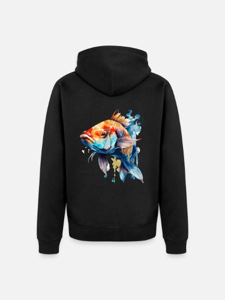 Akwarela Koi Karp Kolorowy Staw Ryby Wędkarskie - Ekologiczna rozpinana bluza z kapturem Premium unisex - czarny