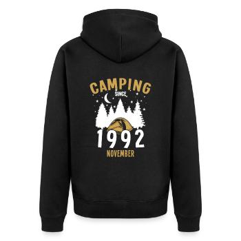 Date de naissance : Camping depuis novembre 1992 Camping - Veste à capuche bio Premium Unisexe - noir - Dos - Nico (187cm)