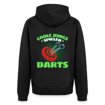 COOLE JUNGS SPIELEN DARTS! Dart Dartspieler Darts - Unisex Premium Bio Zip Hoodie - Schwarz - Hinten - Nico (187cm)