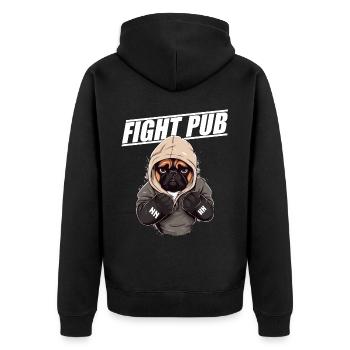 Fight Pub Mops mit Boxhandschuhen Boxer - Unisex Premium Bio Zip Hoodie - Schwarz - Hinten - Nico (187cm)