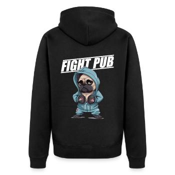 Fight Pub Mops mit Boxhandschuhen Boxer - Unisex Premium Bio Zip Hoodie - Schwarz - Hinten - Nico (187cm)