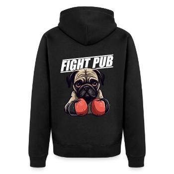 Fight Pub Mops mit Boxhandschuhen Boxer - Unisex Premium Bio Zip Hoodie - Schwarz - Hinten - Nico (187cm)