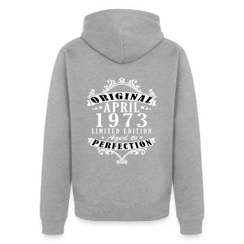 50 Jahre alt - Genial seit April 1973 - Unisex Premium Bio Zip Hoodie - Grau meliert - Hinten - Nico (187cm)