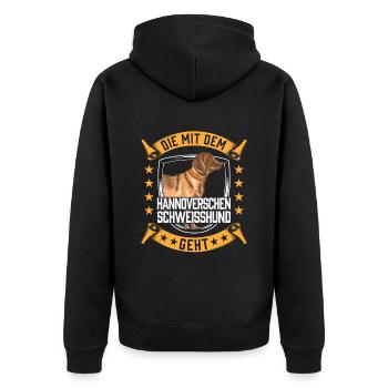Die mit dem Hannoverscher Schweißhund geht - Unisex Premium Bio Zip Hoodie - Schwarz - Hinten - Nico (187cm)
