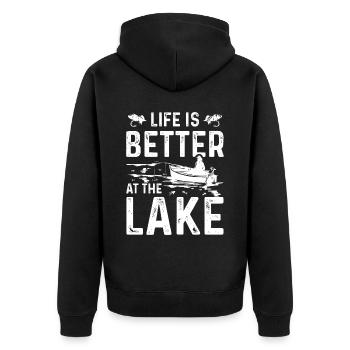 Das Leben ist besser am See - Unisex Premium Bio Zip Hoodie - Schwarz - Hinten - Nico (187cm)