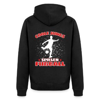 COOLE JUNGS SPIELEN FUßBALL! Fussball Fussballer - Unisex Premium Bio Zip Hoodie - Schwarz - Hinten - Nico (187cm)