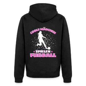 COOLE MÄDCHEN SPIELEN FUßBALL! Fussball Spruch - Unisex Premium Bio Zip Hoodie - Schwarz - Hinten - Nico (187cm)