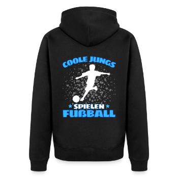 COOLE JUNGS SPIELEN FUßBALL! Fussball Fussballer - Unisex Premium Bio Zip Hoodie - Schwarz - Hinten - Nico (187cm)