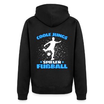 COOLE JUNGS SPIELEN FUßBALL! Fussball Fussballer - Unisex Premium Bio Zip Hoodie - Schwarz - Hinten - Nico (187cm)