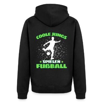 COOLE JUNGS SPIELEN FUßBALL! Fussball Fussballer - Unisex Premium Bio Zip Hoodie - Schwarz - Hinten - Nico (187cm)