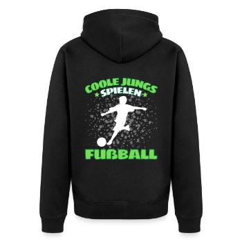 COOLE JUNGS SPIELEN FUßBALL! Fussball Fussballer - Unisex Premium Bio Zip Hoodie - Schwarz - Hinten - Nico (187cm)
