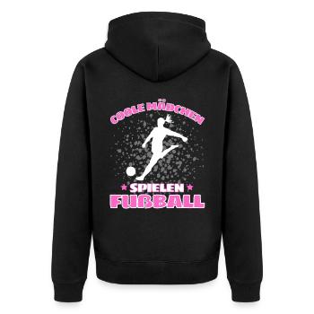 COOLE MÄDCHEN SPIELEN FUßBALL! Fussball Spruch - Unisex Premium Bio Zip Hoodie - Schwarz - Hinten - Nico (187cm)
