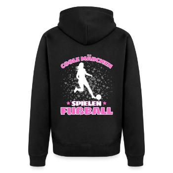 COOLE MÄDCHEN SPIELEN FUßBALL! Fussball Spruch - Unisex Premium Bio Zip Hoodie - Schwarz - Hinten - Nico (187cm)