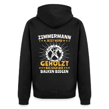 Zimmermann Zimmerer Zimmerleute - Unisex Premium Bio Zip Hoodie - Schwarz - Hinten - Nico (187cm)