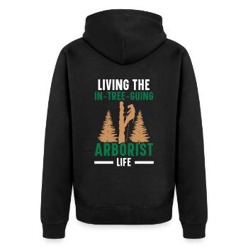 Das Leben eines Baumpflegers in den Bäumen Arboris - Unisex Premium Bio Zip Hoodie - Schwarz - Hinten - Nico (187cm)