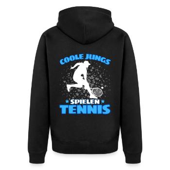 COOLE JUNGS SPIELEN TENNIS Das Lustige - Unisex Premium Bio Zip Hoodie - Schwarz - Hinten - Nico (187cm)