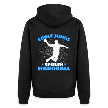 COOLE JUNGS SPIELEN HANDBALL Handballer - Unisex Premium Bio Zip Hoodie - Schwarz - Hinten - Nico (187cm)