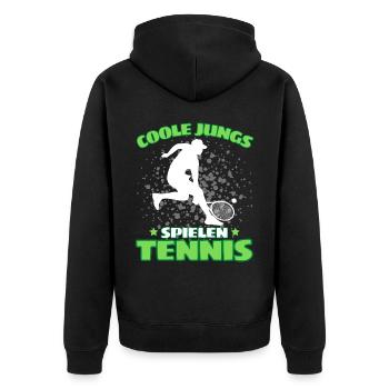 COOLE JUNGS SPIELEN TENNIS Das Lustige - Unisex Premium Bio Zip Hoodie - Schwarz - Hinten - Nico (187cm)
