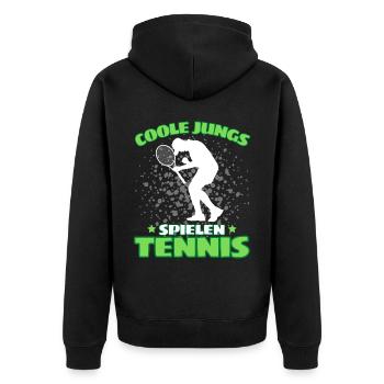 COOLE JUNGS SPIELEN TENNIS Das Lustige - Unisex Premium Bio Zip Hoodie - Schwarz - Hinten - Nico (187cm)