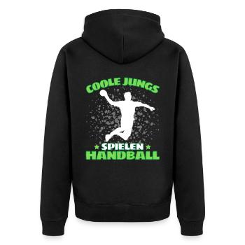 COOLE JUNGS SPIELEN HANDBALL Handballer - Unisex Premium Bio Zip Hoodie - Schwarz - Hinten - Nico (187cm)
