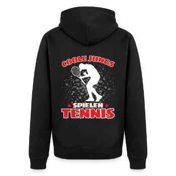 COOLE JUNGS SPIELEN TENNIS Das Lustige - Unisex Premium Bio Zip Hoodie - Schwarz - Hinten - Nico (187cm)