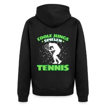 COOLE JUNGS SPIELEN TENNIS Das Lustige - Unisex Premium Bio Zip Hoodie - Schwarz - Hinten - Nico (187cm)