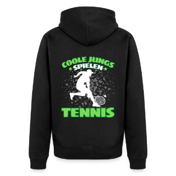 COOLE JUNGS SPIELEN TENNIS Das Lustige - Unisex Premium Bio Zip Hoodie - Schwarz - Hinten - Nico (187cm)