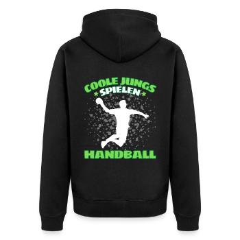 COOLE JUNGS SPIELEN HANDBALL Handballer - Unisex Premium Bio Zip Hoodie - Schwarz - Hinten - Nico (187cm)