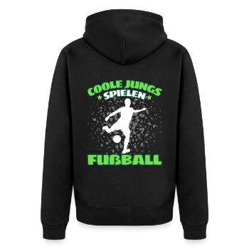 COOLE JUNGS SPIELEN FUßBALL! Fussball Fussballer - Unisex Premium Bio Zip Hoodie - Schwarz - Hinten - Nico (187cm)