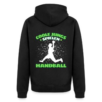 COOLE JUNGS SPIELEN HANDBALL Handballer - Unisex Premium Bio Zip Hoodie - Schwarz - Hinten - Nico (187cm)