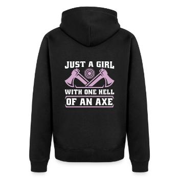 Axe Throwing Just A Girl With One Hell Woodworking - Unisex Premium Organic Zip Hoodie - black - Back - Nico (187cm)
