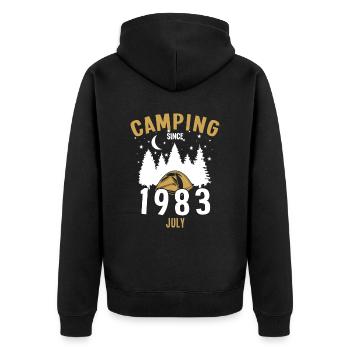 Date de naissance : Camping depuis juillet 1983 Camping - Veste à capuche bio Premium Unisexe - noir - Dos - Nico (187cm)