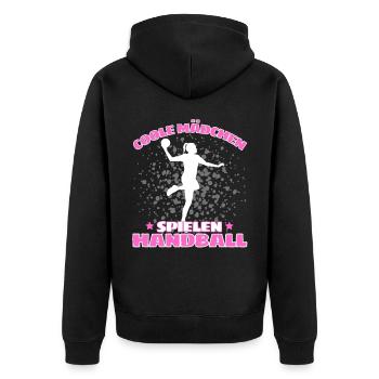 COOLE MÄDCHEN SPIELEN HANDBALL Handballer - Unisex Premium Bio Zip Hoodie - Schwarz - Hinten - Nico (187cm)