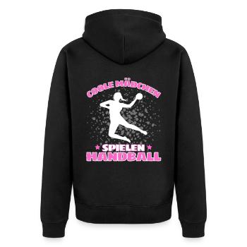 COOLE MÄDCHEN SPIELEN HANDBALL Handballer - Unisex Premium Bio Zip Hoodie - Schwarz - Hinten - Nico (187cm)