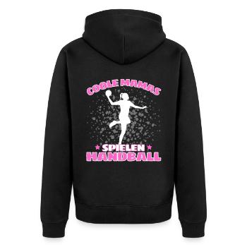 COOLE MAMAS SPIELEN HANDBALL Handballer - Unisex Premium Bio Zip Hoodie - Schwarz - Hinten - Nico (187cm)