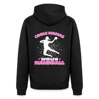 COOLE MAMAS SPIELEN HANDBALL Handballer - Unisex Premium Bio Zip Hoodie - Schwarz - Hinten - Nico (187cm)