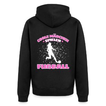 COOLE MÄDCHEN SPIELEN FUßBALL! Fussball Spruch - Unisex Premium Bio Zip Hoodie - Schwarz - Hinten - Nico (187cm)