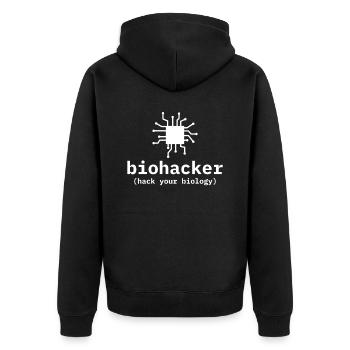 Biohacker Hack Your Biology - Unisex Premium Bio Zip Hoodie - Schwarz - Hinten - Nico (187cm)
