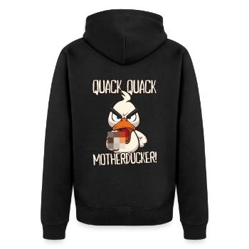 Quack Quack Motherducker Ente mit Mittelfinger - Unisex Premium Bio Zip Hoodie - Schwarz - Hinten - Nico (187cm)