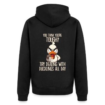 Dcuklings Lustige Ente mit Mittelfinger Spruch - Unisex Premium Bio Zip Hoodie - Schwarz - Hinten - Nico (187cm)