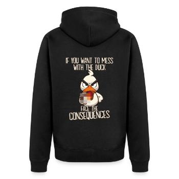 Consequences Lustige Ente mit Mittelfinger Spruch - Unisex Premium Bio Zip Hoodie - Schwarz - Hinten - Nico (187cm)