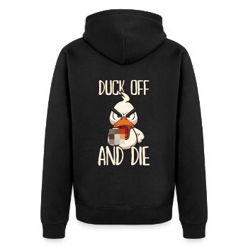 Duck Off Lustige Ente mit Mittelfinger - Unisex Premium Bio Zip Hoodie - Schwarz - Hinten - Nico (187cm)